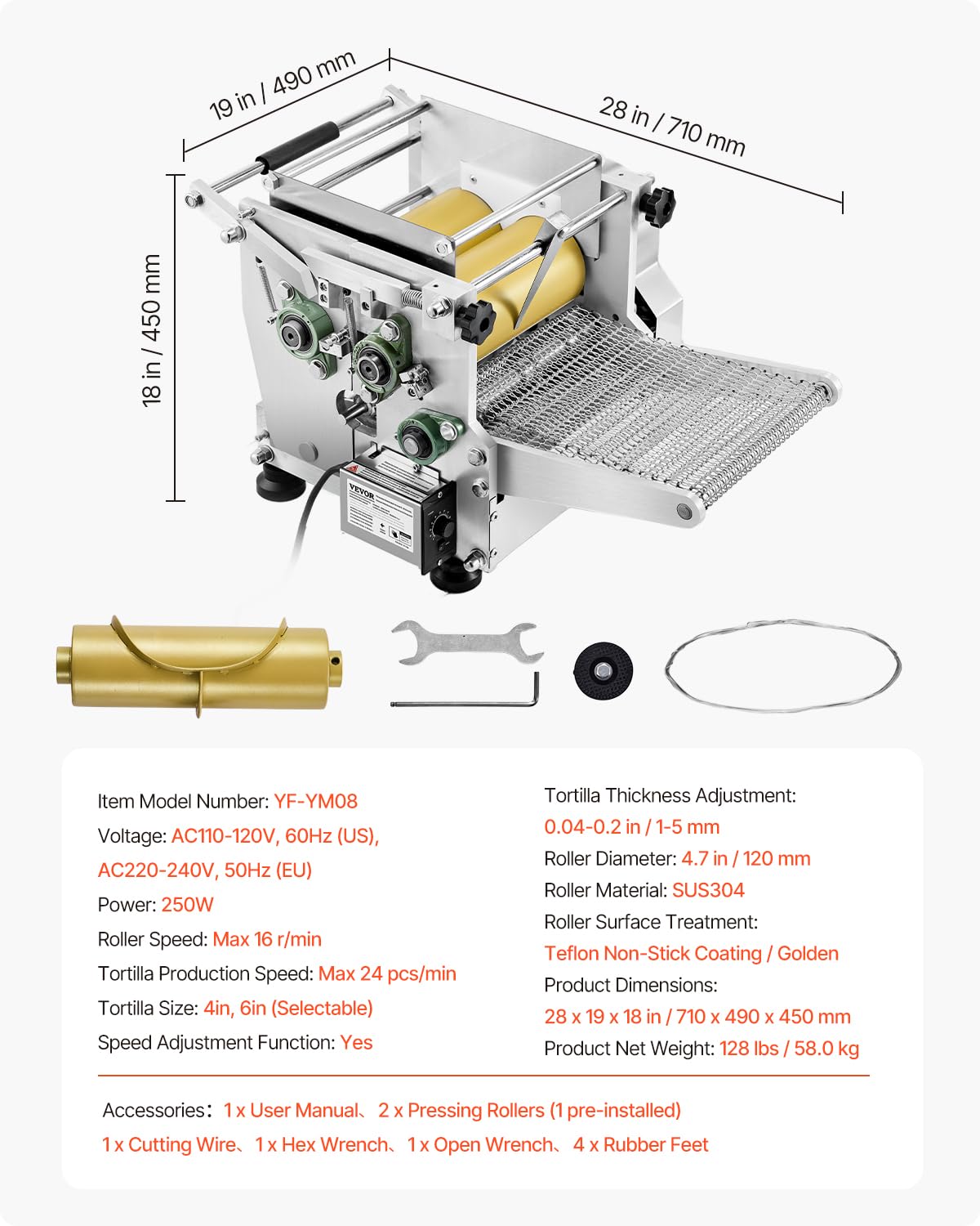 VEVOR Máquina Eléctrica para Hacer Tortillas de Maíz con Revestimiento Antiadherente y Dos Moldes, Adecuada para Productos como Sopas, Pita, Tortillas y Pizza, Chapatti, 710 x 490 x 450 mm
