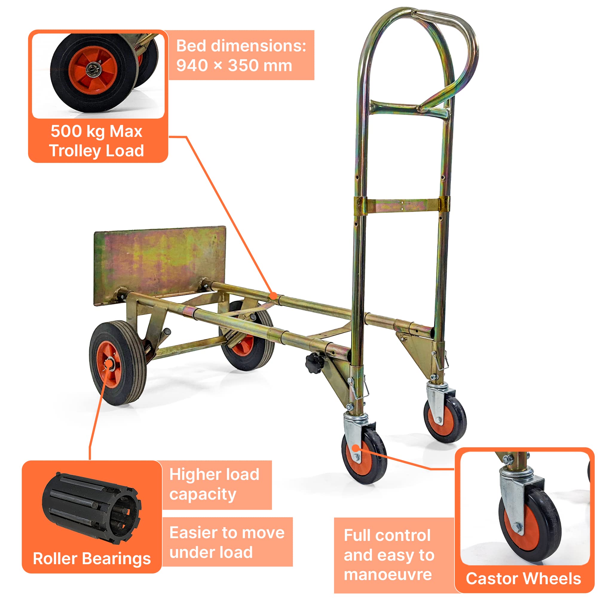 Zero Hand Truck Sack Carrow Plataforma Carro Neumáticos a Prueba de pinchazos Mango telescópico 90 kg - 500 kg (500 kg)