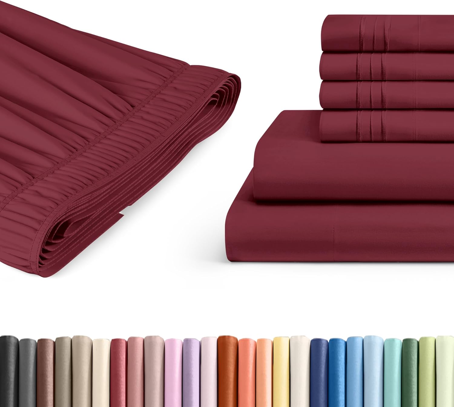6 Piece King Burgundy Bed Sheet Set + Burgundy Adjustable Bedskirt with 15" Drop Bundle - Hotel Luxury Quality Sheets with 16 inch Deep Pockets - Breathable, Cooling, Soft & Wrinkle Free - Oeko-Tex