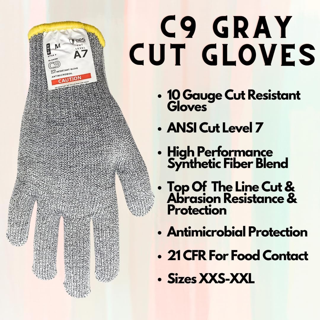 C9 Grey Cut Resistant Glove, 10 Gauge, ANSI Cut Level 7, Sizes XXS-XXL, Sold by Pair