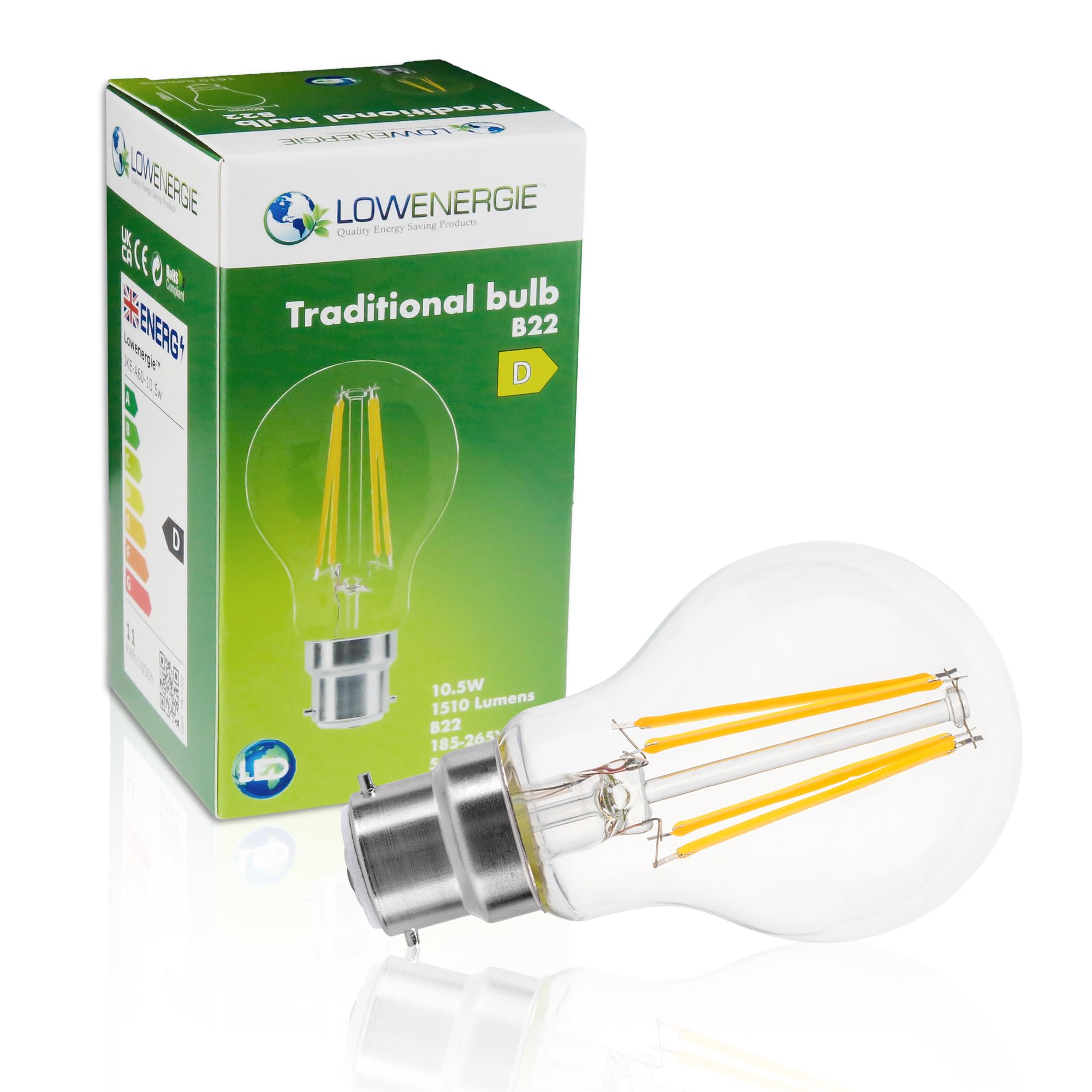 LOWENERGIE LED Filament Light Bulb A60 GLS Traditional Bulb B22 Bayonet 10.5w equiv Brightness 150w Warm White 2700K Energy Saving (1)