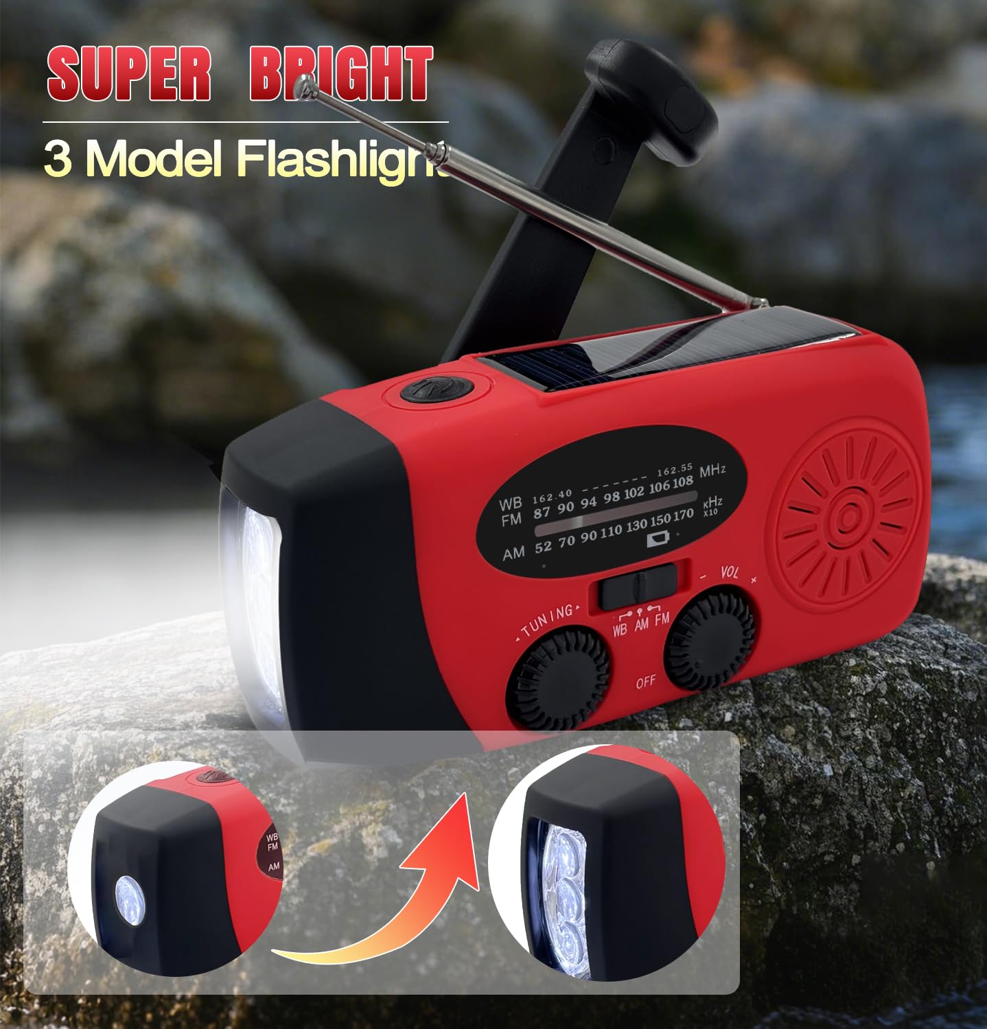 Radio Solaire Auto-alimentée 2000mAh AM/FM Portable d'Urgence à Manivelle Dynamo avec Lampe LED, Alarme SOS et Chargeur Téléphone