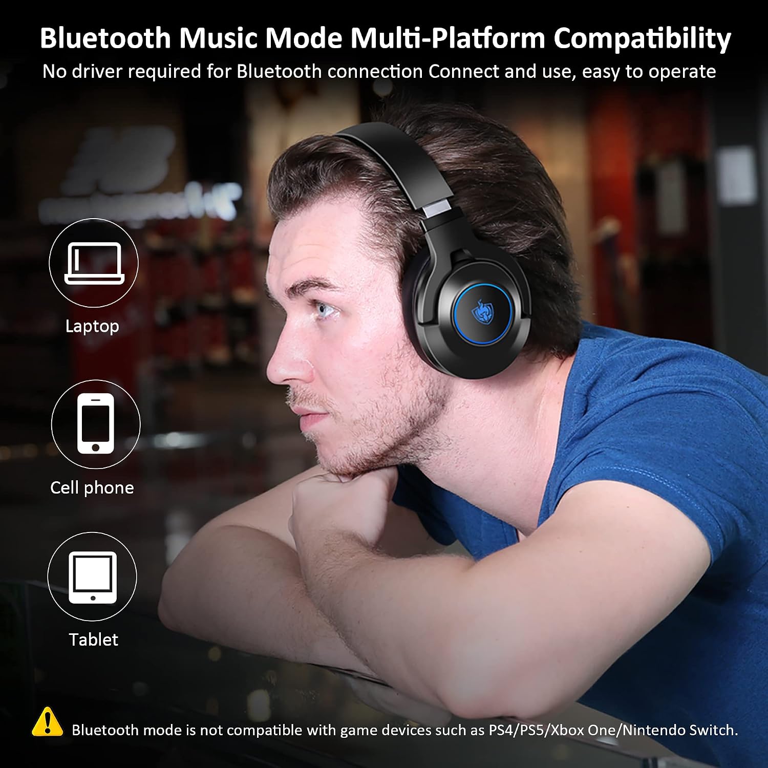 Wireless PC Gaming Headset for PS4 PS5, Nintendo Switch, Xbox One Headset with 7.1 Stereo Sound, Noise Cancelling Mic, Bluetooth Over Ear Headphones only for Laptop/Phone/Tablet, up to 40h(Blue)