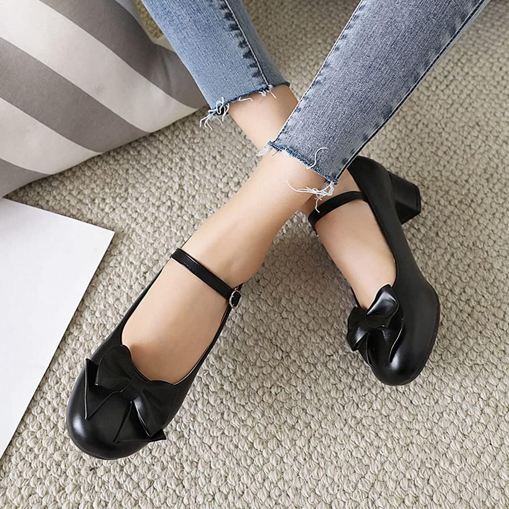 KOKOMOMO Womens Cute Lolita Cosplay Shoes Bow Mary Jane Shoes Mid Block Heel Pump