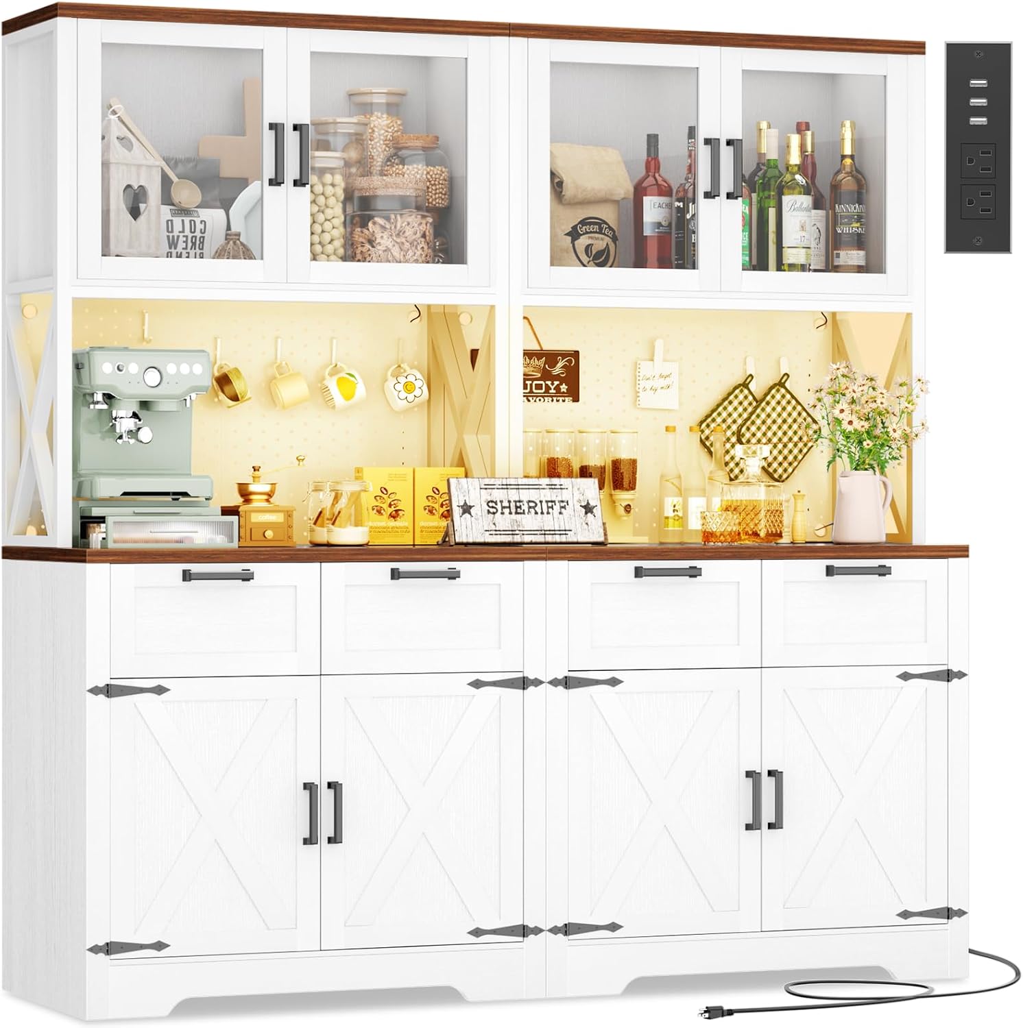 Unikito 71" Tall Kitchen Pantry Storage Cabinet with LED Light & Outlet, 63" Wide Kitchen Hutch Cabinet with Large Countertop, DIY Pegboard and Drawers, Farmhouse Food Pantry for Living Room,