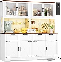 Unikito 71" Tall 63" Wide Farmhouse Kitchen Pantry Cabinet with LED Lights, Outlets, Drawers & Pegboard Storage Hutch
