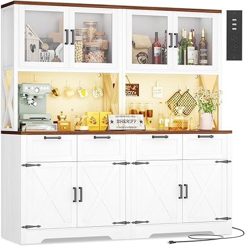Unikito 71" Tall Kitchen Pantry Storage Cabinet with LED Light & Outlet, 63" Wide Kitchen Hutch Cabinet with Large Countertop, DIY Pegboard and Drawers, Farmhouse Food Pantry for Living Room,