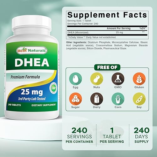 Miniatura 2 de Best Naturals Dhea 25mg Suplemento 240 tabletas - Apoya los niveles hormonales equilibrados para hombres y mujeres - Promueve un envejecimiento