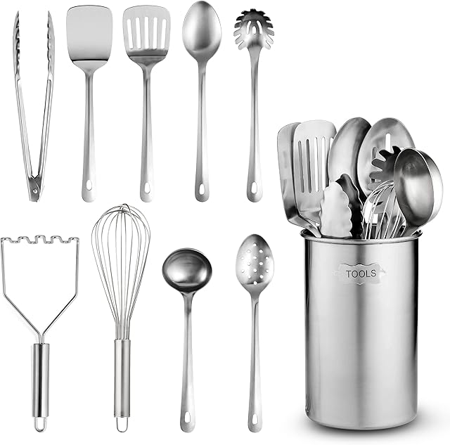 FineDine Kitchen Utensils Set - 10-Piece, Stainless-Steel Cooking Utensils w/ Spoons, Whisk, Spatula, Tongs, Ladle, Masher & Cooking Utensils Holder - Kitchen Accessories, Gadgets and Tools