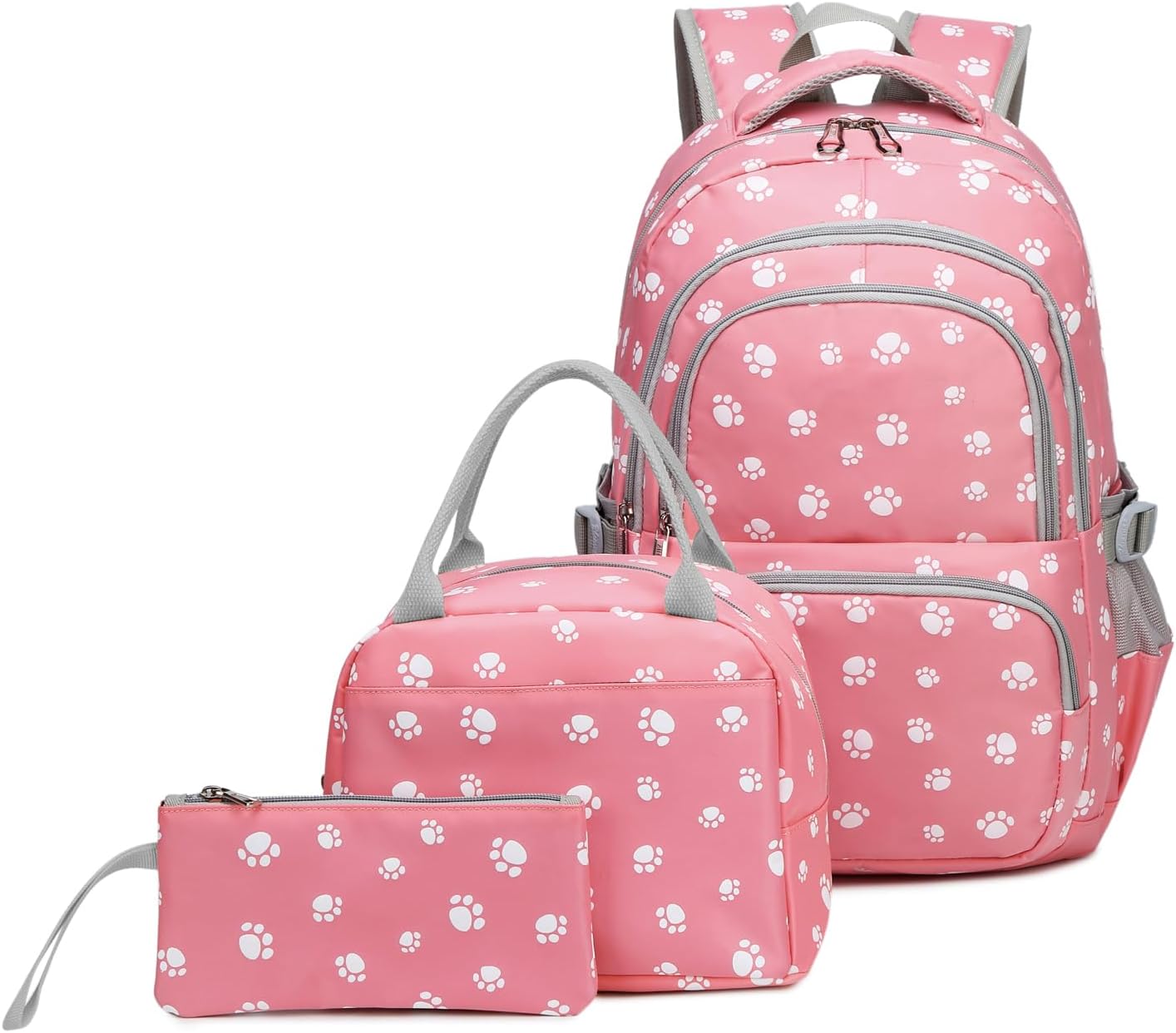 goldwheat 3Pcs Dog Paw Printed Backpack Set With Lunch-Bag For Girls Elementary Students Bookbag School-bag