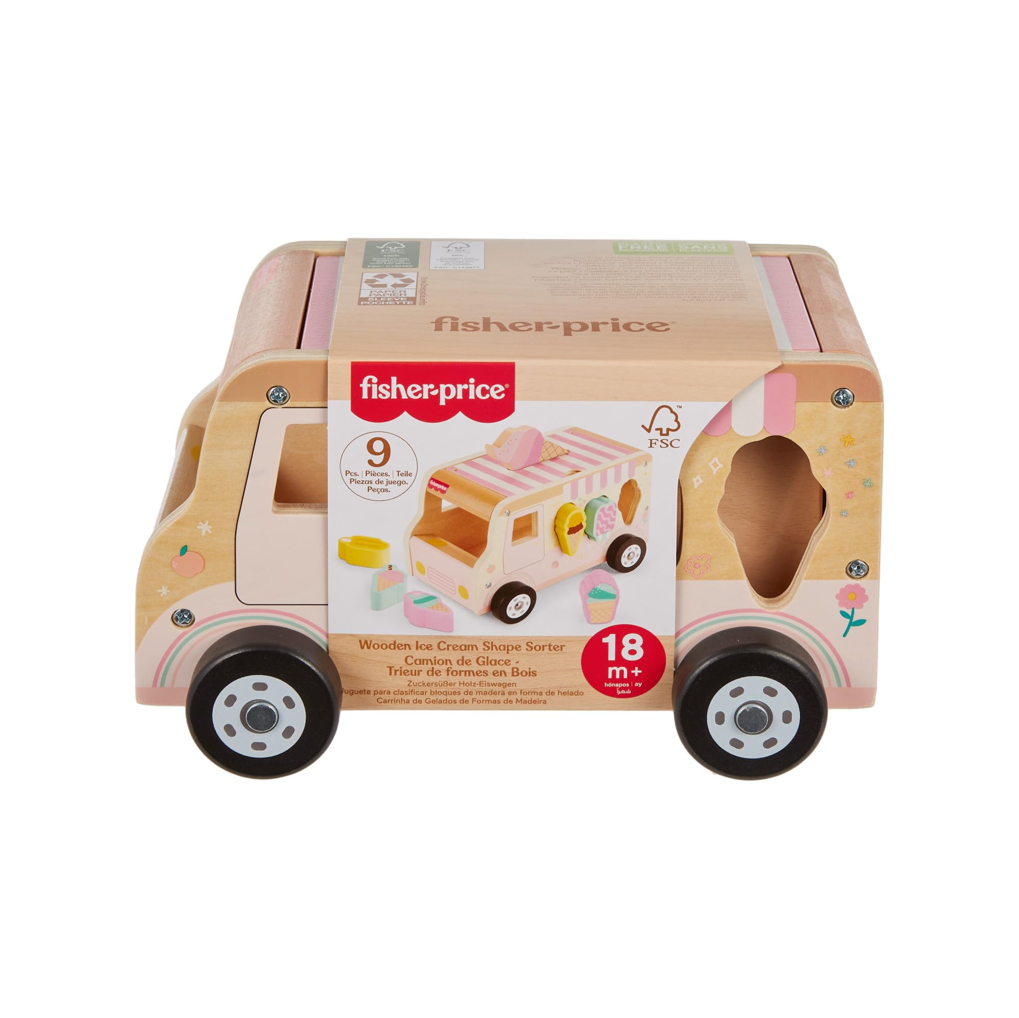 Fisher-Price Ciężarówka z lodami Drewniany sorter kształtów Drewniana zabawka z 8 elementami do zabawy rozwojowej dla dzieci od 18 miesiąca życia, HXT86