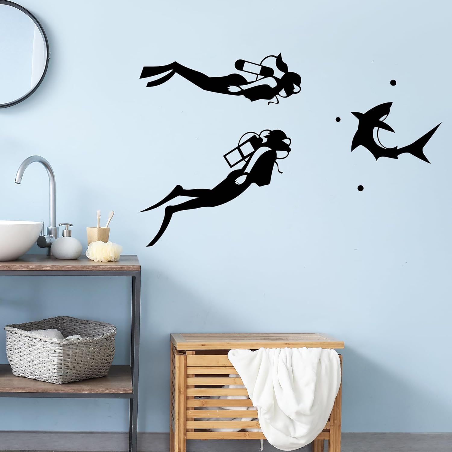 Vinyl Wall Decal Diving Scuba Diver Aqualunger Shark Stickers Large Decor (3215ig) Black