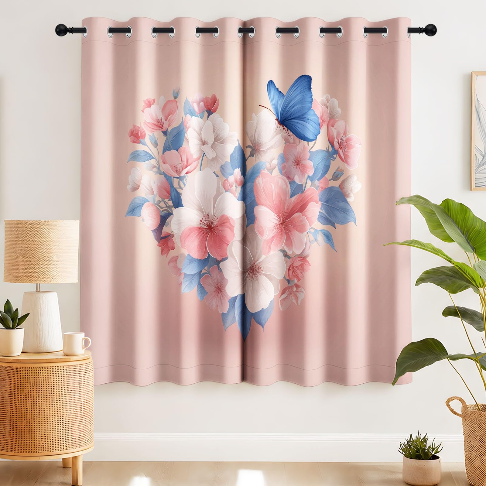 Rideau Thermique Floral Bouquet en Cœur Éthéré, Rideau Occultant Insectes Papillons L 140 x H 260 cm, Rideaux et Draperies Intérieurs à Oeillets Rideau, Rideaux Chambre Salon Fenetre,