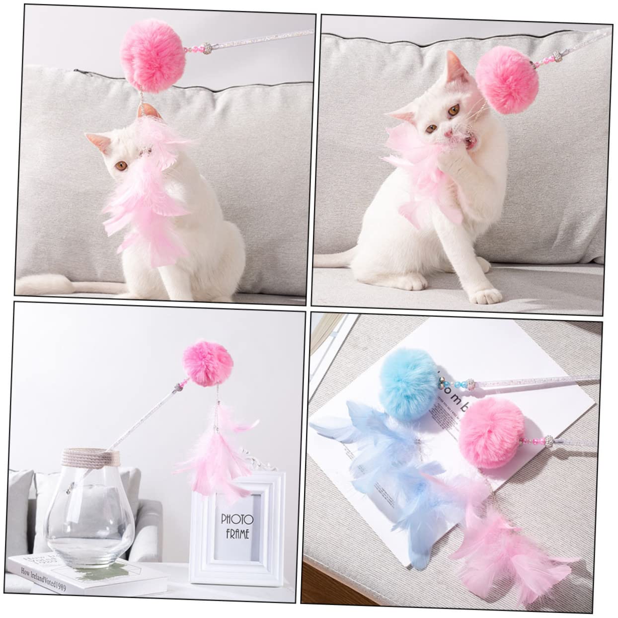 POPETPOP 6pièces Bâtons à Jouer pour Chat avec Pompons Kit De Jouets Interactifs Rose pour Attention Réflexes des Félins