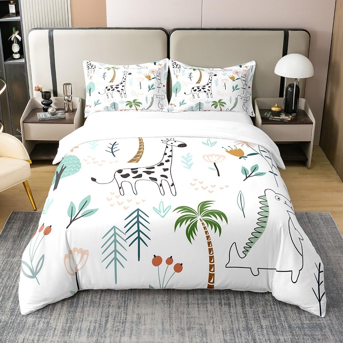 100% Cotton Cute Giraffee Duvet Cover Queen Kids Cartoon Dinos Animal Comforter Cover Cocnut Tree Flowers Plant Bedding Set for Boys Girls Bedroom,No Comforter
