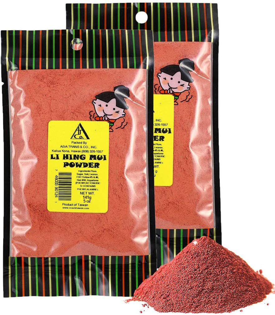 Asia Trans Li Hing Mui Crack Seed Plum Powder | Hawaiian Favorite | Sweet, Sour, & Salty Dried Asian Umeboshi Topping for Desserts and Snacks (2 Pack, 5 oz)