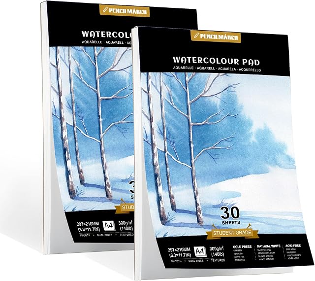 PENCILMARCH Watercolour Paper 300gsm A4 Water Colour Art Pad 30 Sheets Watercolor Sketchbook for Artist Student Kids Landscape Painting, Drawing and Sketching - Pack of 2