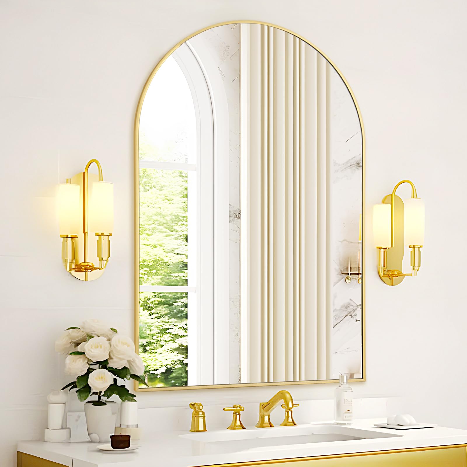 gold arch mirror for bathroom 24x36 inch - gold arched mirrors for wall over sink, metal framed arched mantel mirror above dresser, firplace