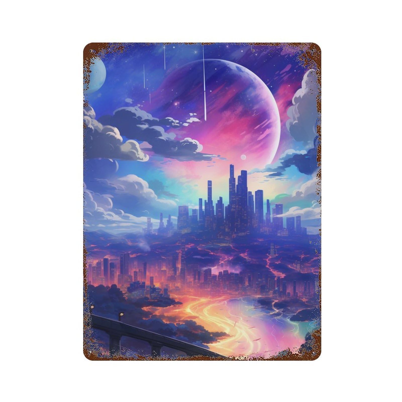 Fantasy Cityscape with Planets 15.7"x11.8" Distressed Metal Wall Sign, Shabby Chic Decor for Shed, Workshop And Garage Wall Decor