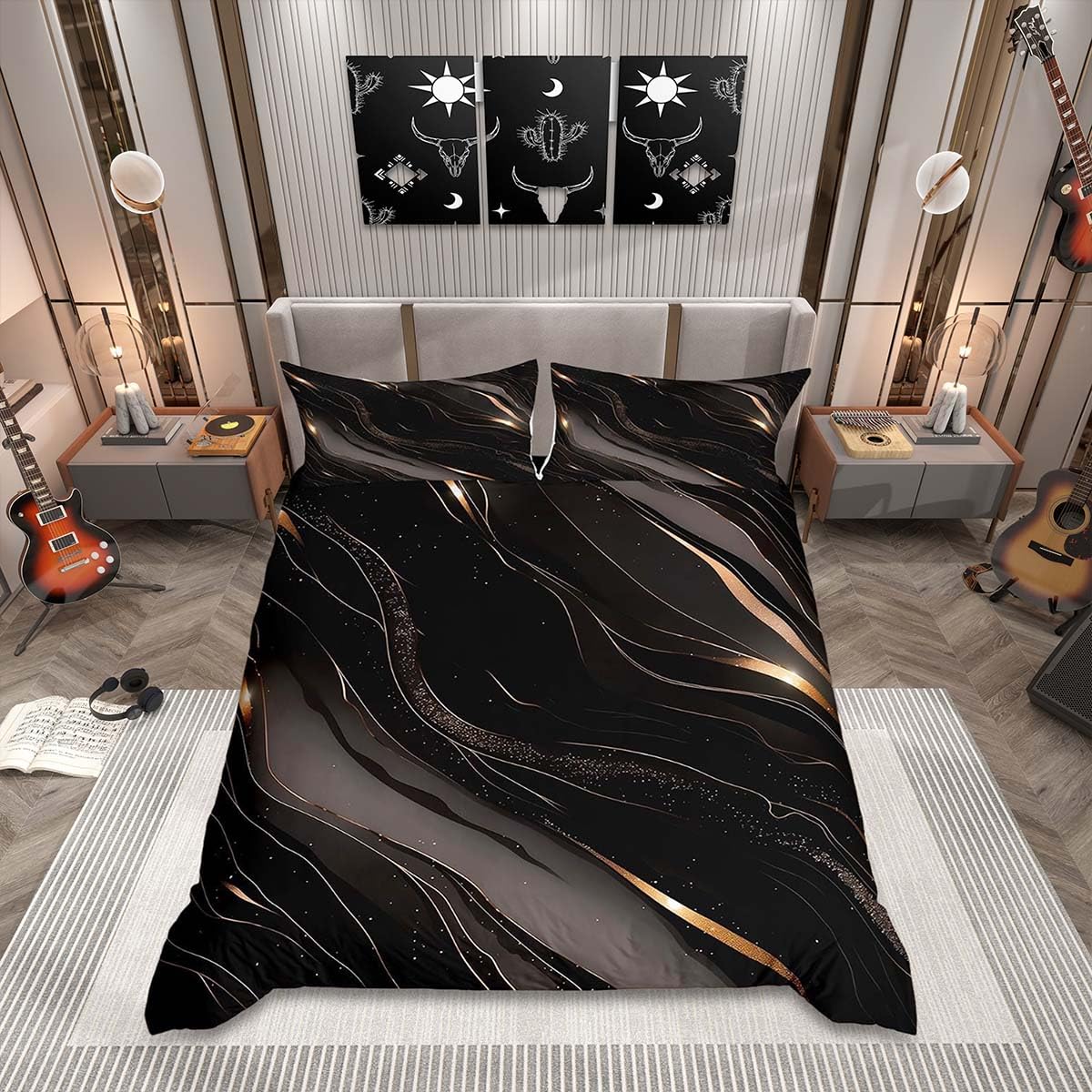 Homemissing Geometric Bedding Duvet Cover Set Super King Size Dark Black Marble Bedding Set Modern Marble Aesthetic Comforter Cover Set Retro Watercolor Artwork Design Bedspread Cover，No Comforter — image 1