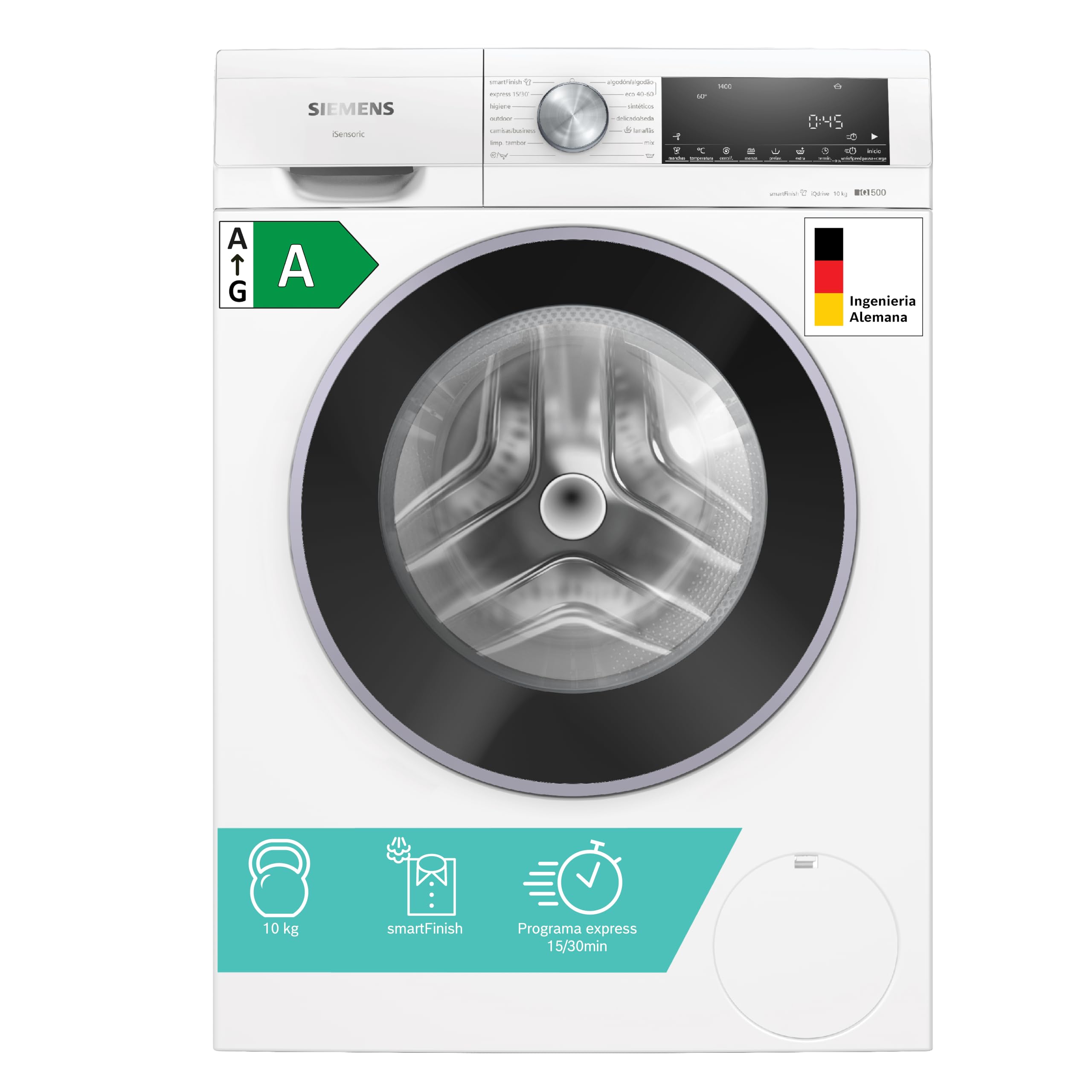 Siemens - Lavadora de carga frontal, 10 kg, iQ500, smartFinish, antiManchas, Blanco, WG54G2Z1ES