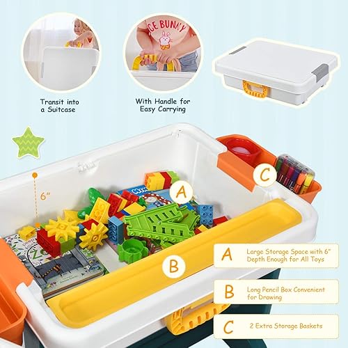 Miniatura 3 de Costzon Juego de mesa y silla 5 en 1 para niños, mesa de bloques de construcción con tablero de doble cara, almacenamiento, mesa de dibujo para