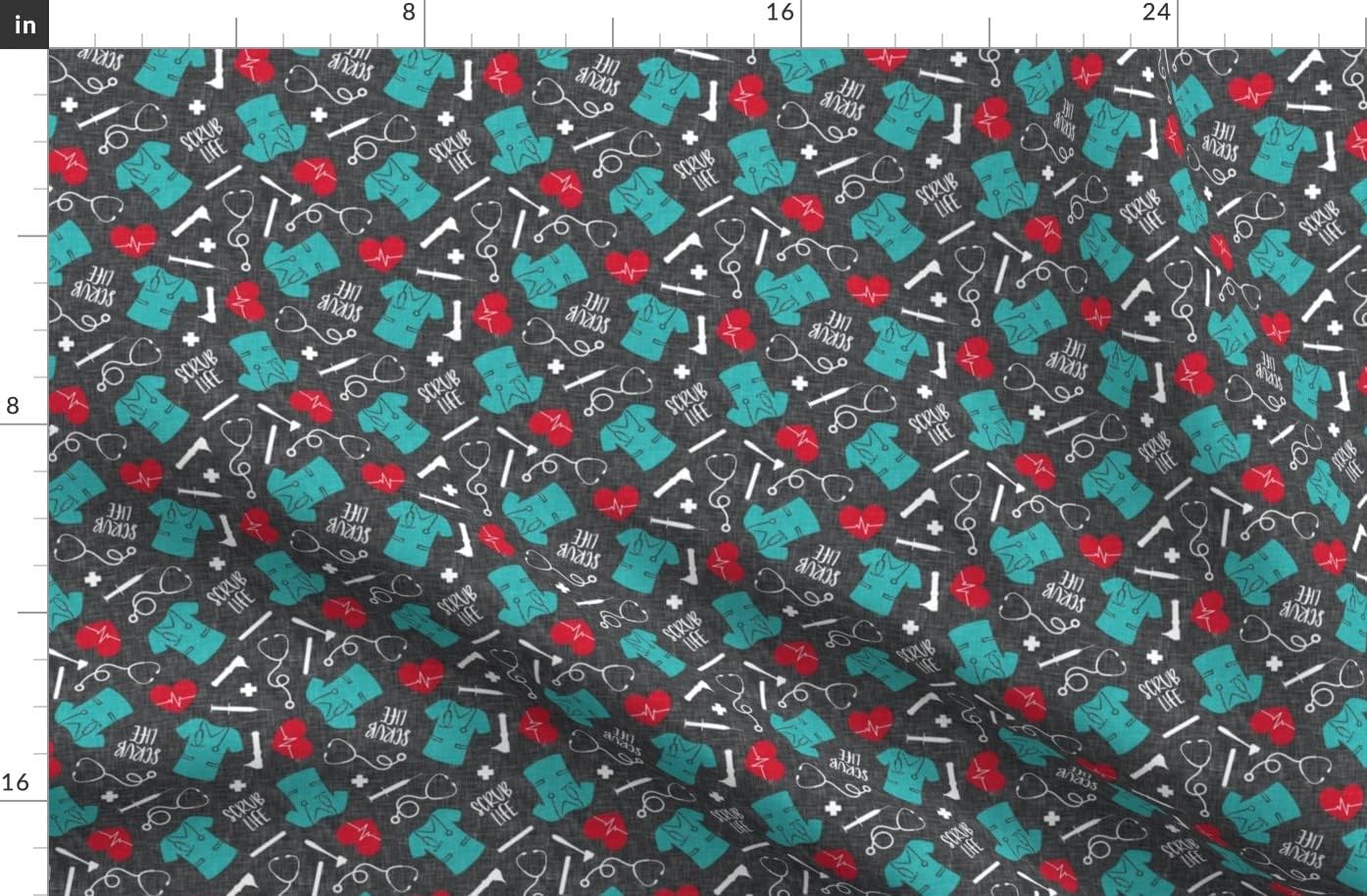 Spoonflower Fabric - Scrub Life Nursing Nurse Scrubs Otoscope Red Teal Grey Doctor Medical Printed on Organic Cotton Sateen Fabric by The Yard - Sewing Quilting Apparel Home Decor