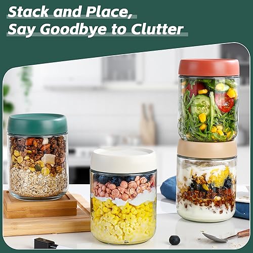 Miniatura 5 de DIMBRAH Recipientes de avena con tapas, tarros Mason de 16 onzas con tapas, juego de 4, práctico recipiente de avena para llevar, tarros de pudín de
