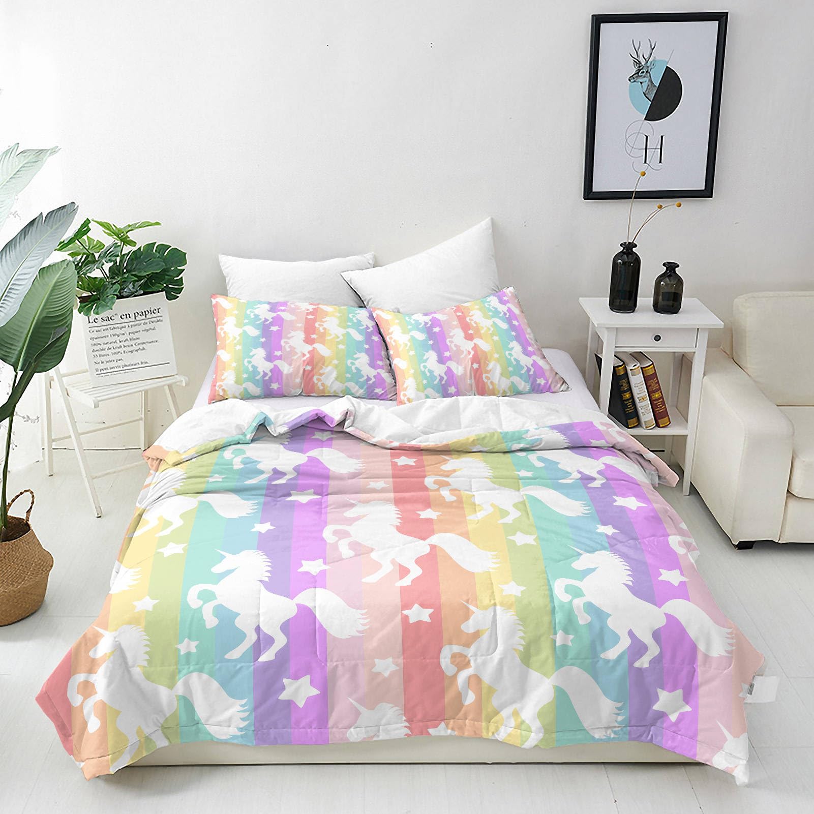 ANHOPE Custom Duvet Cover & Pillowcase Personalised Size Bedding Set with Colorful Rainbow Unicorn Stars Stripe Printed Pattern Personalised Quilt Cover for Kids Adults Family