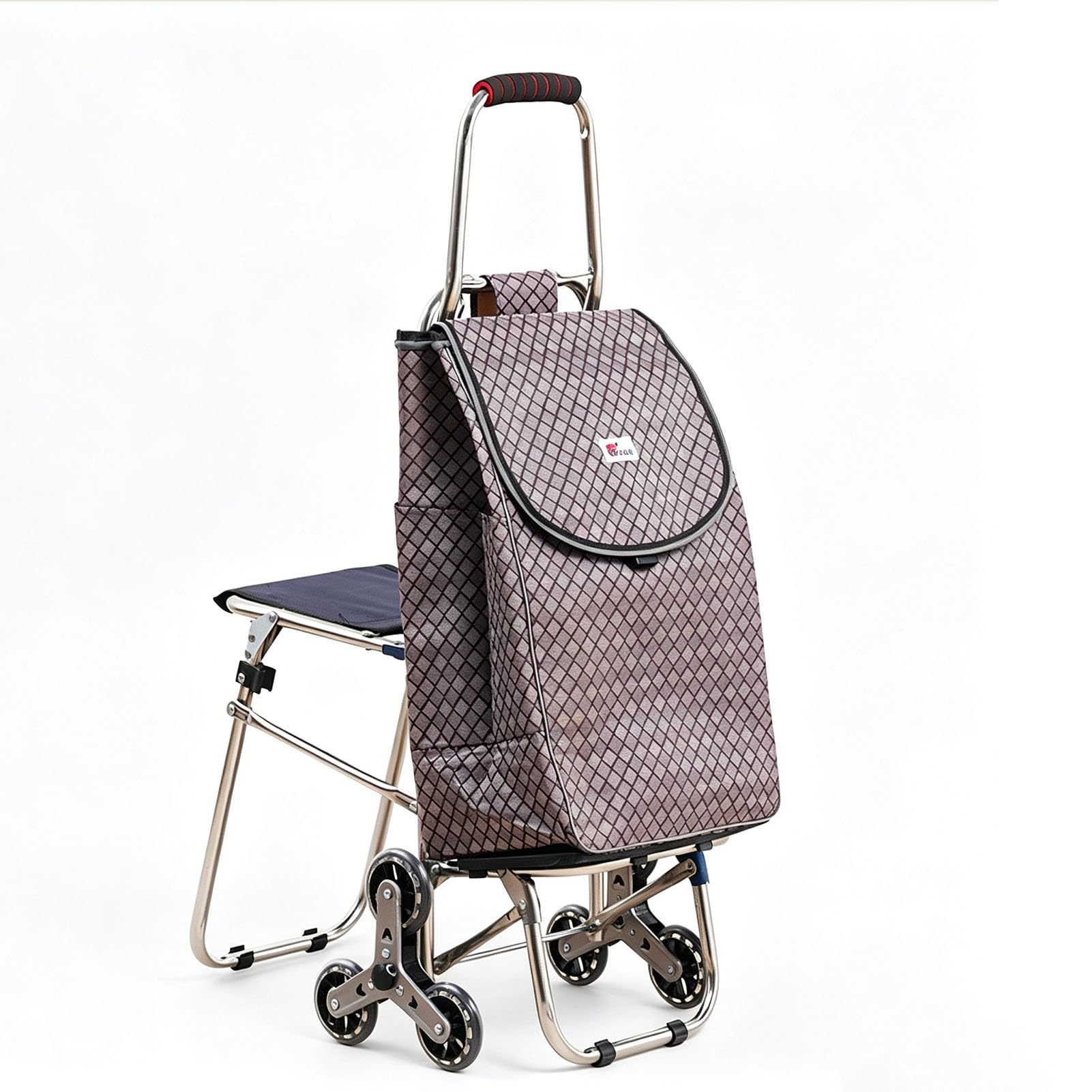 JYHCD Foldable Shopping Trolley with Built-In Seat, 6 Stair-Climbing Wheels, Large Removable Storage Bag, Portable Hand Cart for Grocery Shopping,Brown