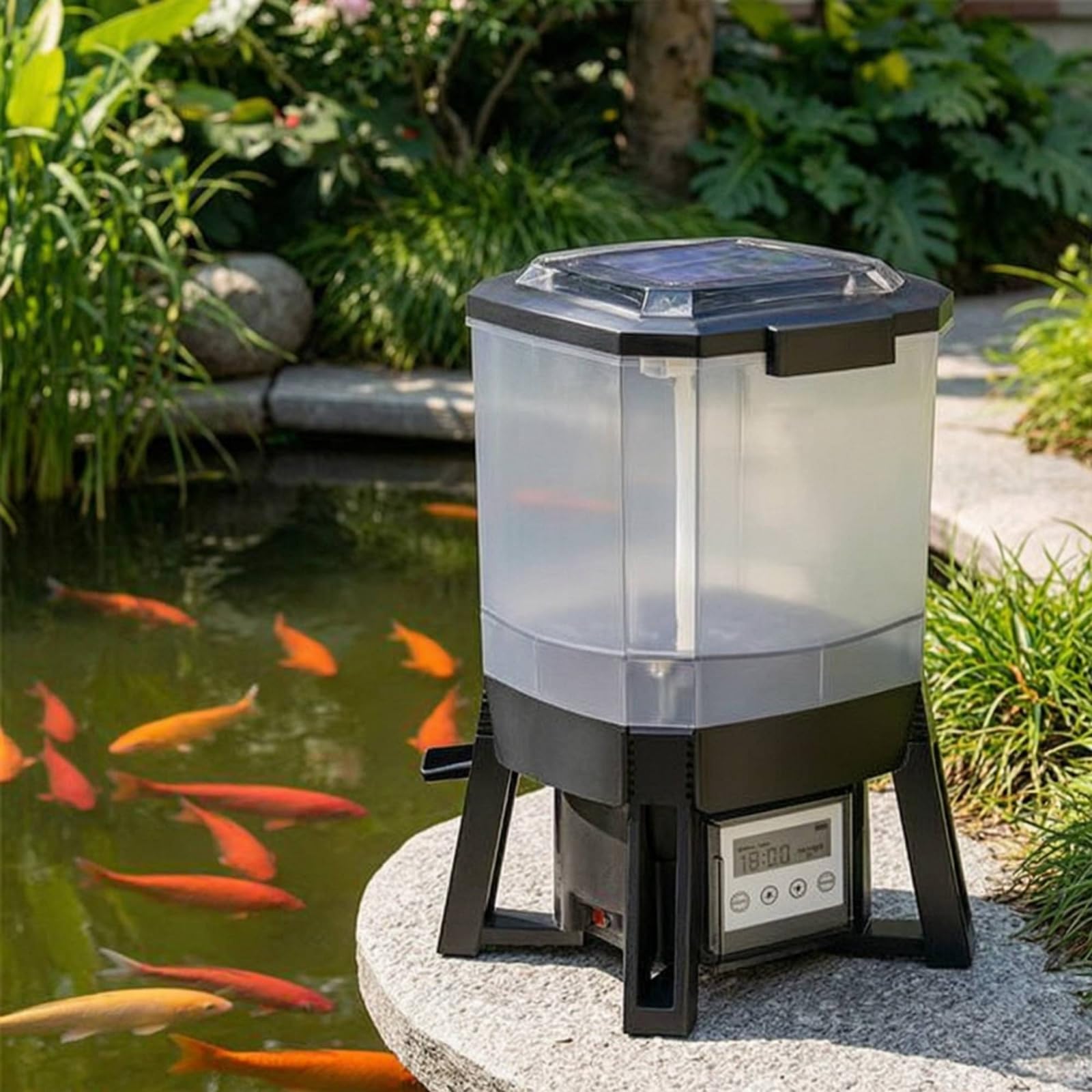 Aquarium Futterautomat Teichautomat Fütterungsgerät Futterspender mit Sichtbehälter Fester Zeitplan 1 Bis 6 Fütterungen, Solarbetriebener Fischteich-Futterautomat CFF-206