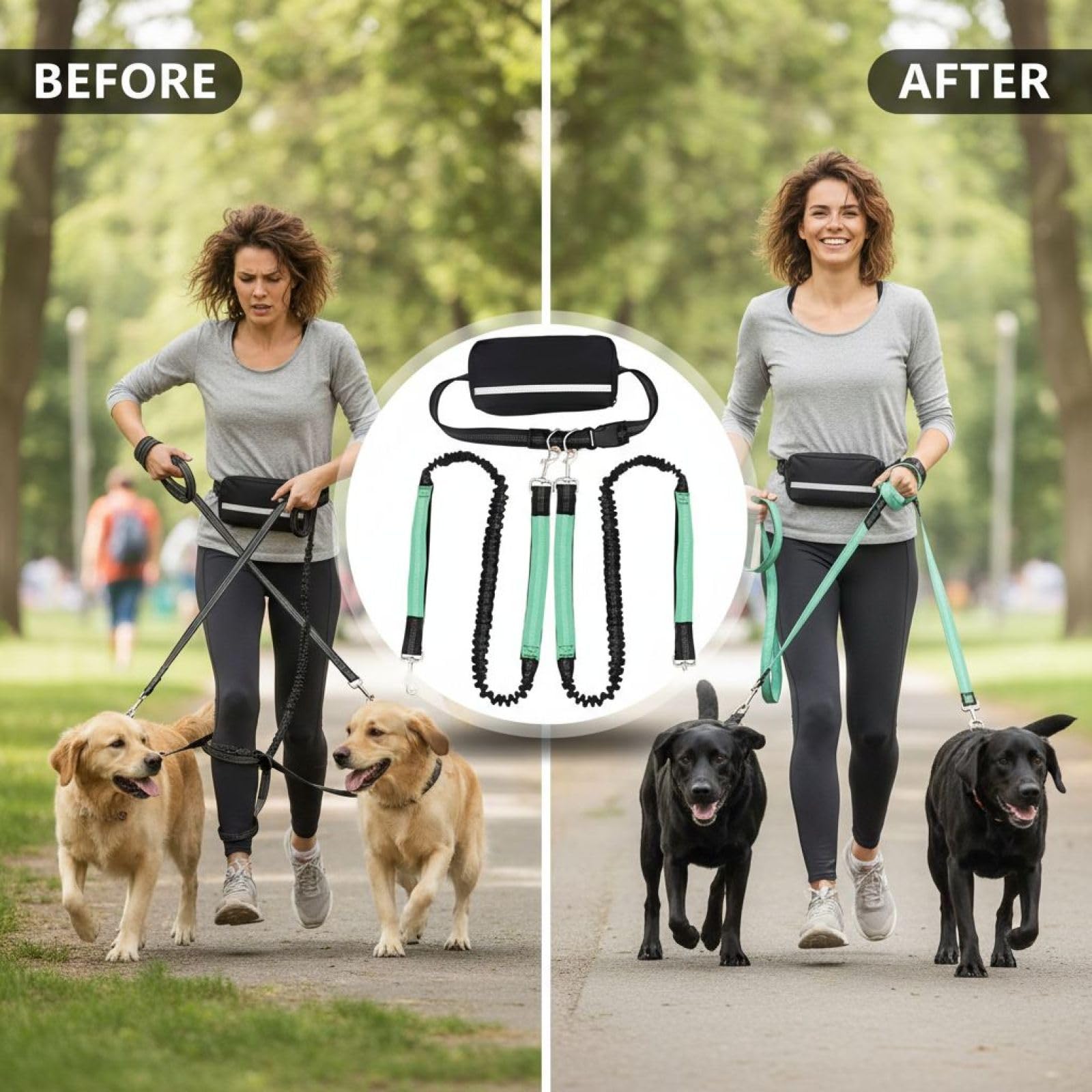 Guinzaglio libero per cani con tasca, doppio guinzaglio per 2 cani, estensibile, cintura in vita regolabile, riflettente, nylon resistente, verde