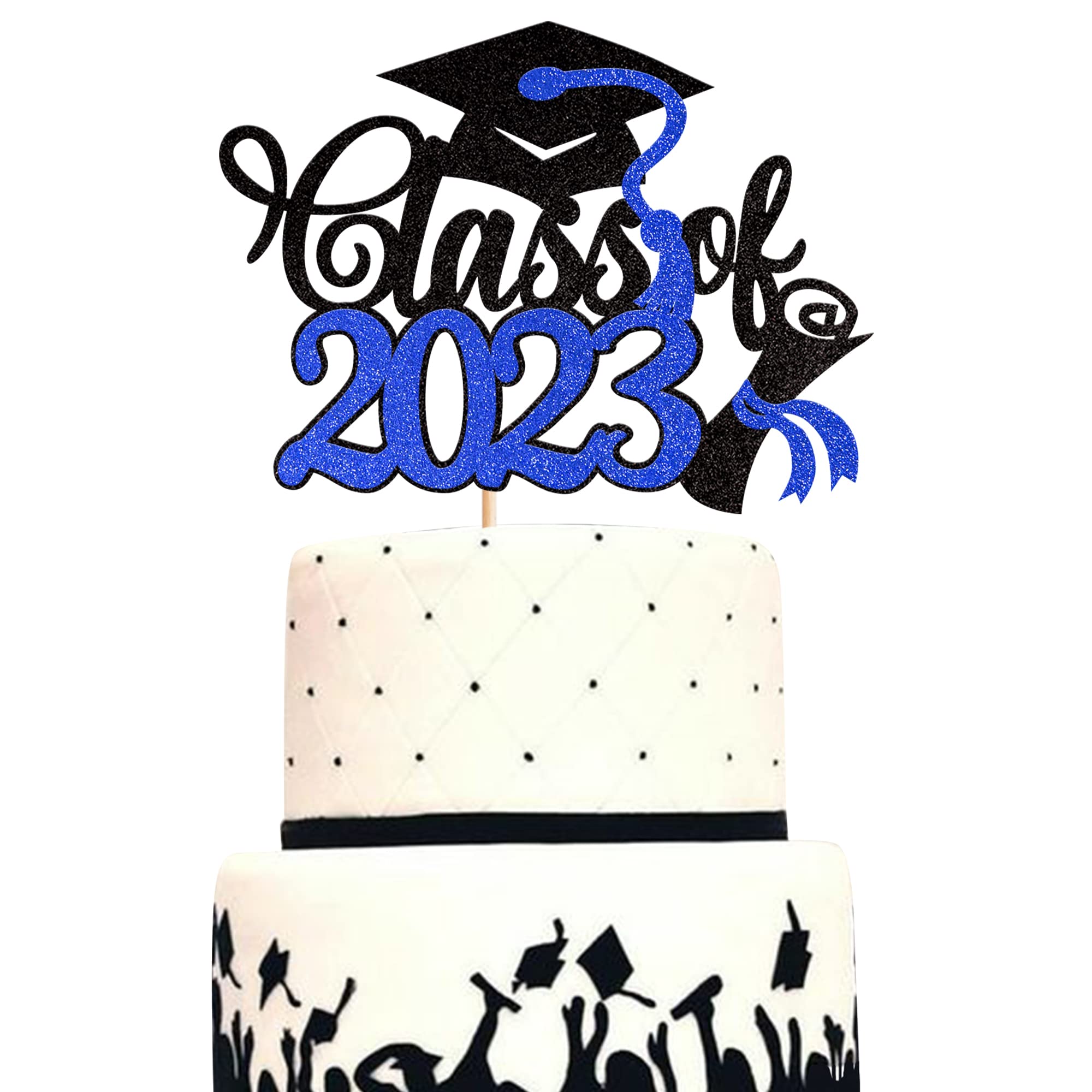 Xsstarmi 1 Pack Class of 2023 Cake Topper Class of 2023 Graduation Cupcake Pick Congrats Grad Cap Diploma Cake Decoration for High School College Happy 2023 Graduation Party Supplies Blue