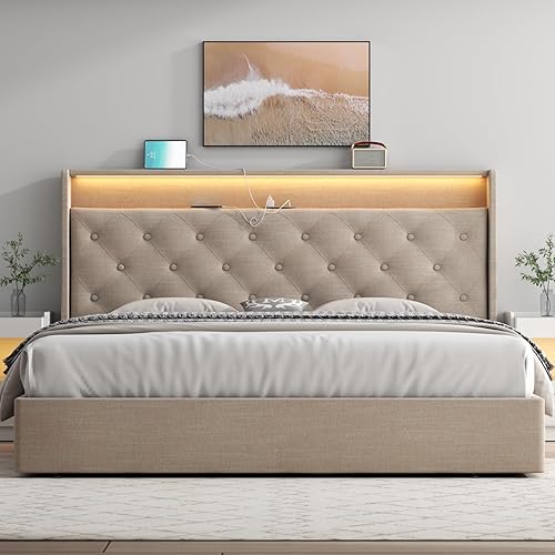 Miniatura 29 de Loomie Base de cama King con estación de carga y luces LED, cama tapizada con cabecera de almacenamiento copetuda con botones, almacenamiento Gris