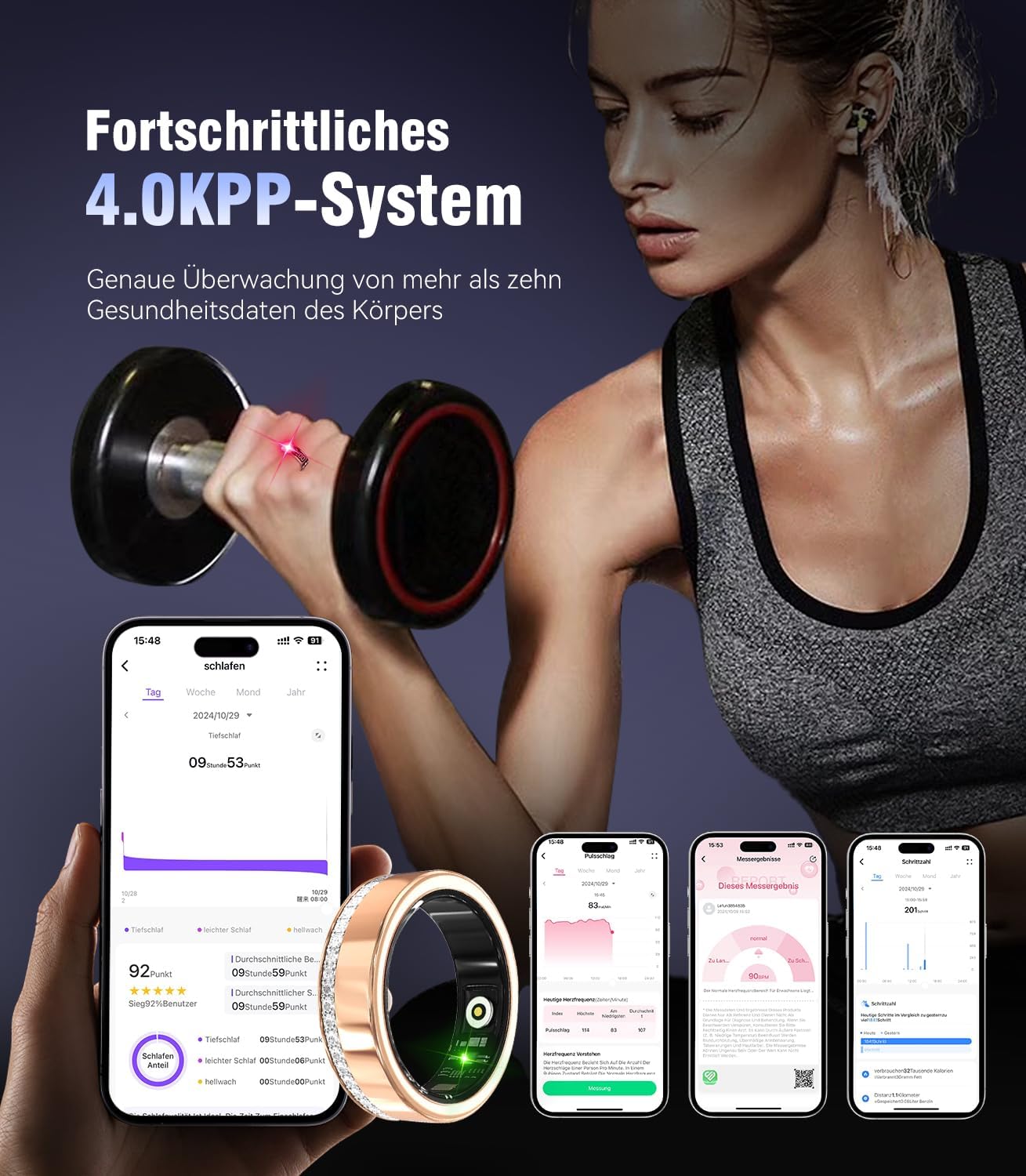 2026 NO.1 - Smart Ring con diamante e custodia di ricarica wireless, numero di settore 1-0, monitoraggio del sonno, anello intelligente portatile SpO2 per Android e iOS, oro 8#