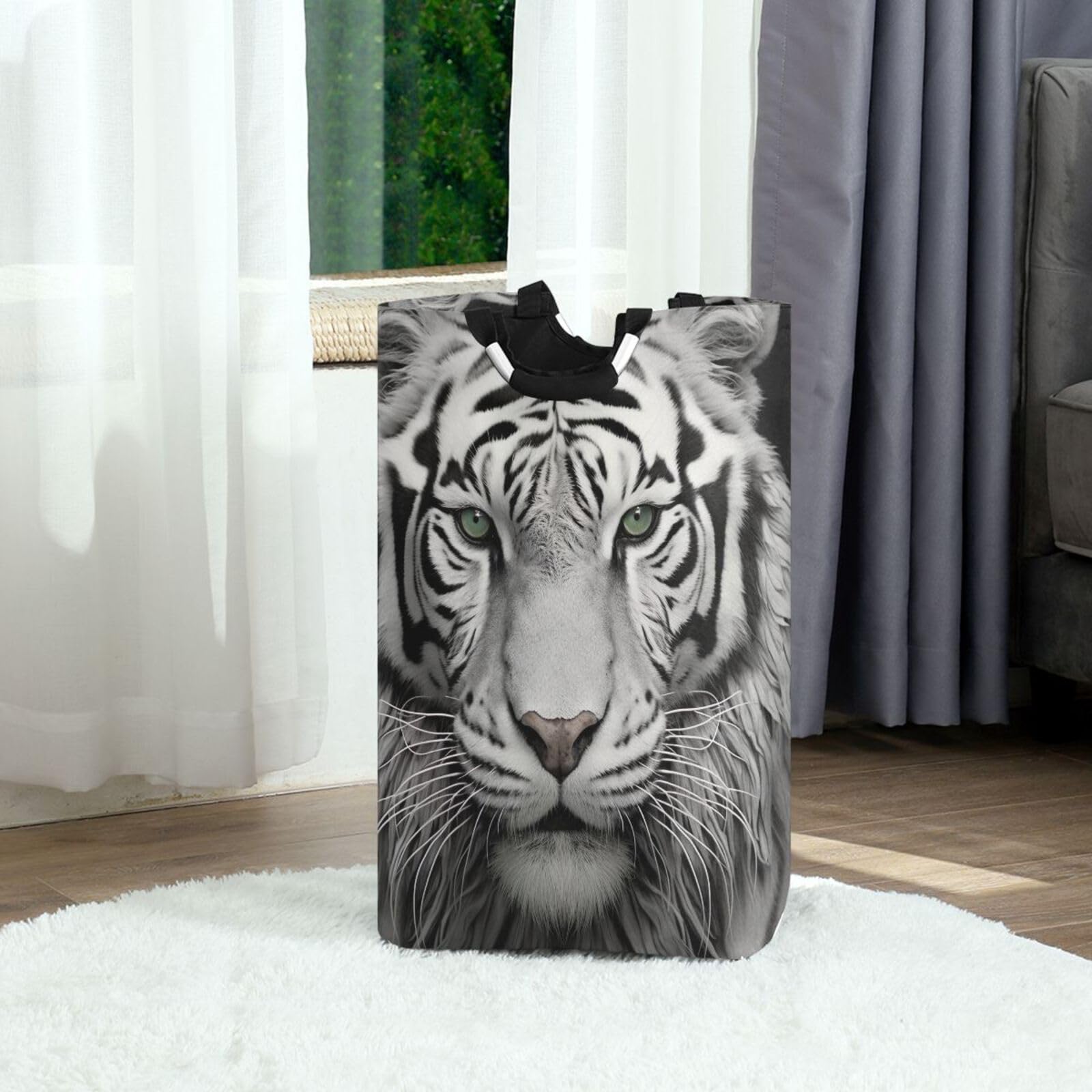 Jihqo Laundry Hamper Basket White Tiger Collapsible Nursery Storage Bin Waterproof Clothing Baskets for Home Bedroom Bathroom Washing Room