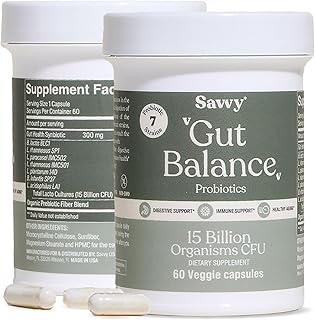 SAVVY Gut Balance Probiotics for Women & Men, 15 Billion CFU, 7 Clinically Studied Strains, Digestive Health, Immune Support, Bloating Relief, 60 Vegan Capsules, Non GMO, Sugar-Free