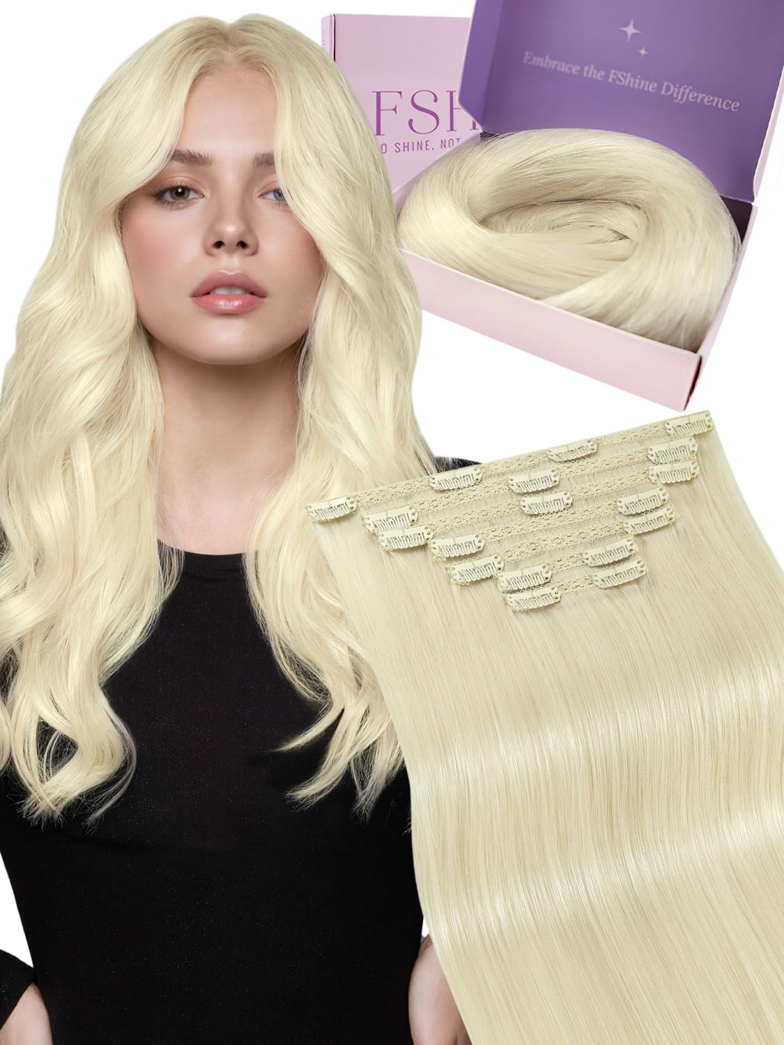 Fshine Extension Capelli Veri Clip Biondi Platino Extension con Clip Remy Naturali Lisci 40 cm 120 g 7 pcs 1000