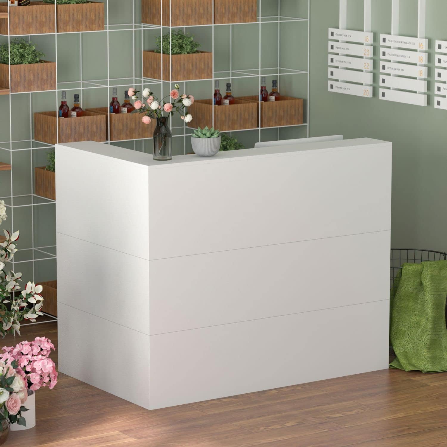 FAMAPY Modern Reception Desk Counter with Shelves & Drawers, L-Shaped Office Desk for Reception Room : Office Products