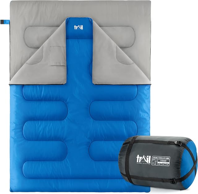 Double Sleeping Bag For Adults, Envelope 2 Season Summer Spring Autumn 250gsm, Outdoor Camping, Lightweight Carry Bag, Storage Pockets, 200cm x 150cm, Trail