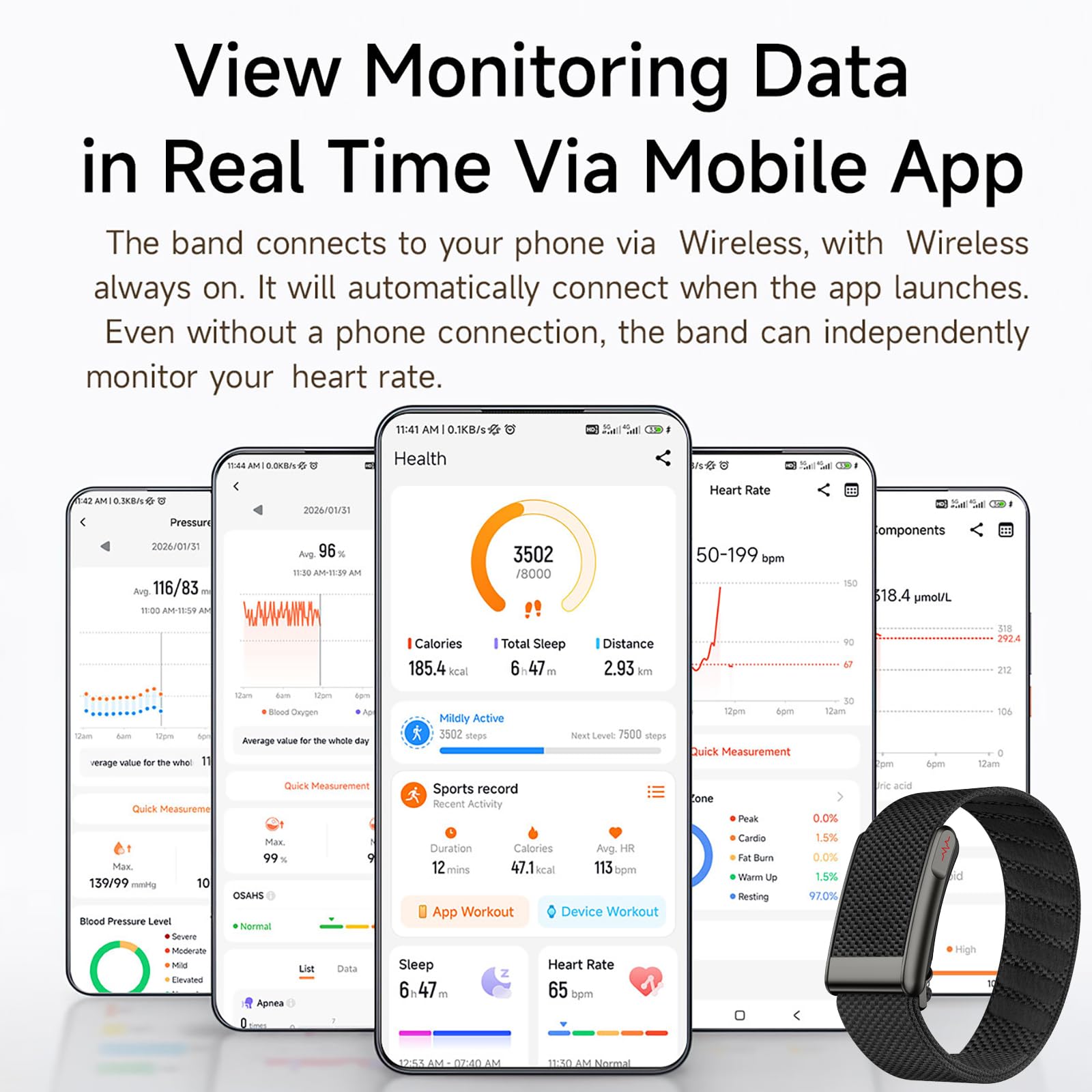 Monitor de actividad para hombres y mujeres, monitor de frecuencia cardíaca, podómetro, calorías, impermeable, rastreador de fitness para teléfonos Android iOS, salud, portátil, sin pantalla, pulsera
