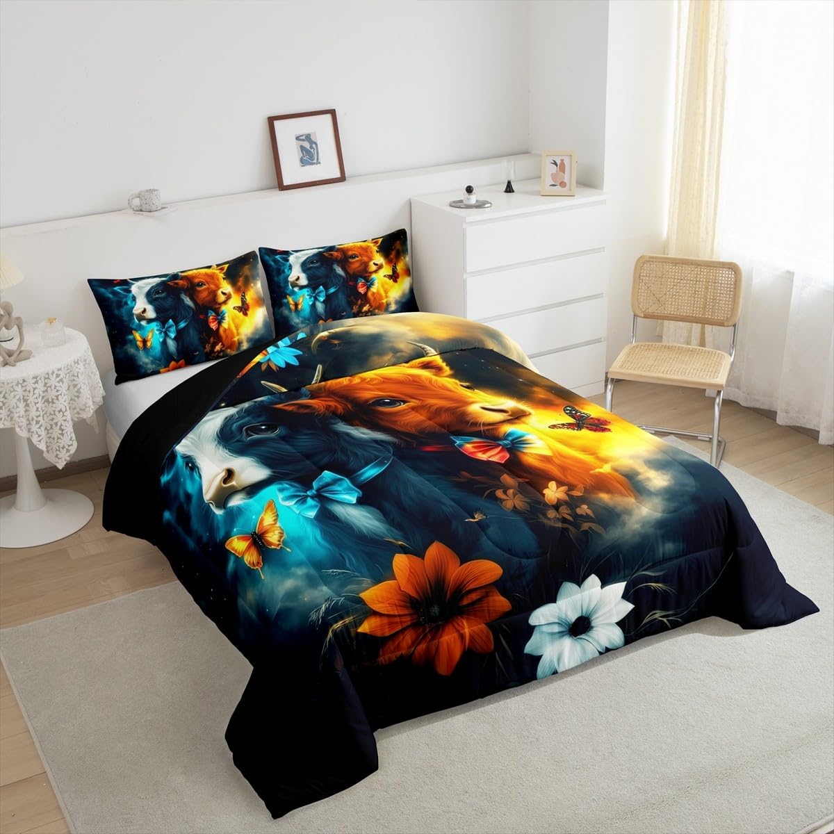 Cattle Boho Style Queen Bedding Set for Kids Adults,Tai Ji Cow Comforter Set Reversible Bed Set,Gothic Sky Mystery Galaxy 3 Pieces Quilt Set,Farmhouse Style Duvet Insert with 2 Pillowcases