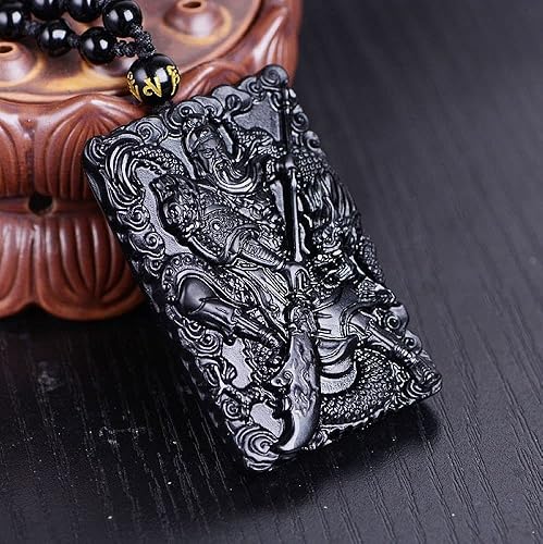 Miniatura 5 de Collar de obsidiana negra natural Dragon Guan Gong guan yu Collar Hold espada ancha Colgante con cadena ajustable, Gema, Obsidiana