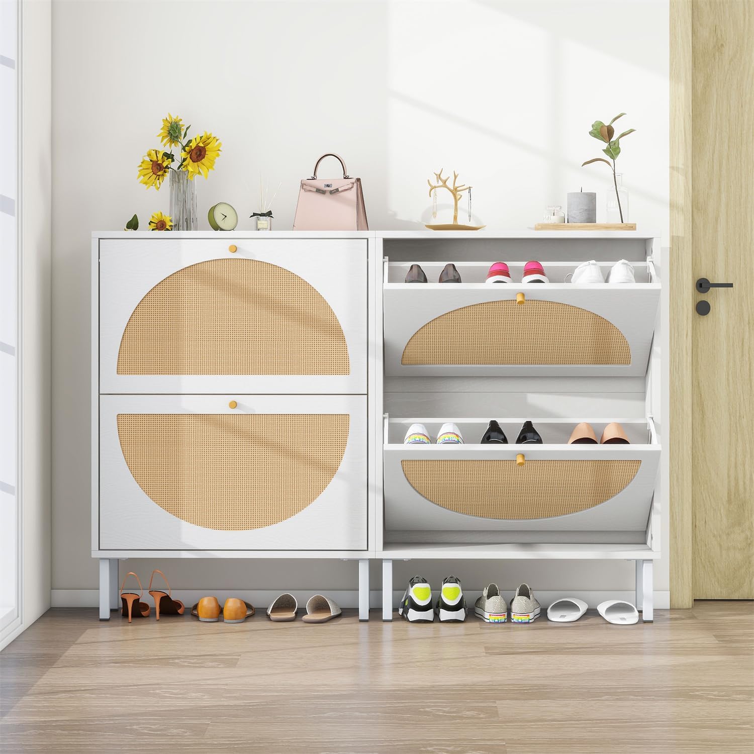 ZeHuoGe Rattan Shoe Cabinet with 2 Flip Drawers, Narrow Hidden Shoe Rack with Metal Legs, Cane Storage Cabinet for Entryway, Shoe Organizer with Caning Doors