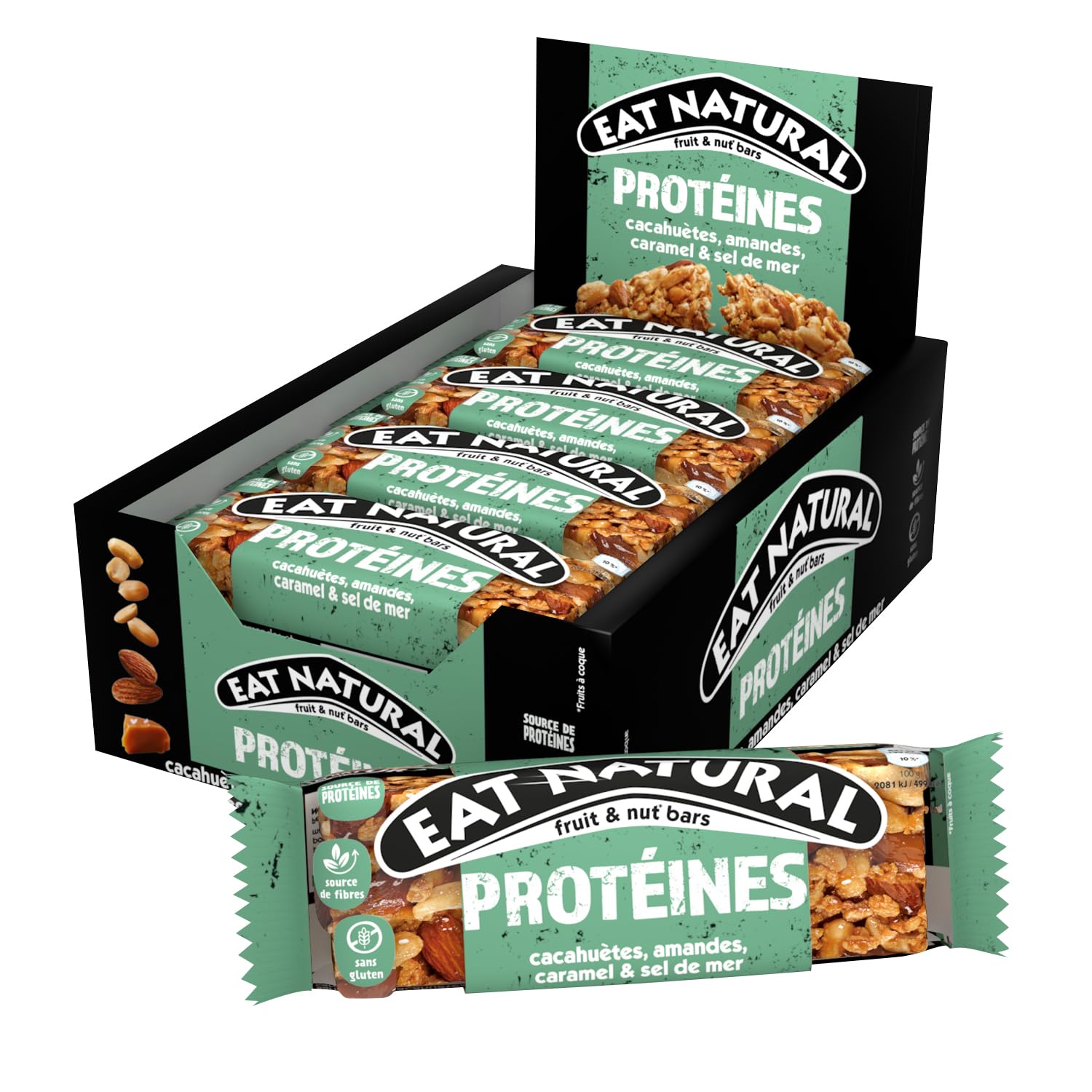 EAT NATURAL - Barres sans gluten & protéinées - Cacahuètes, amandes, caramel & sel de mer - 12 barres de 40g