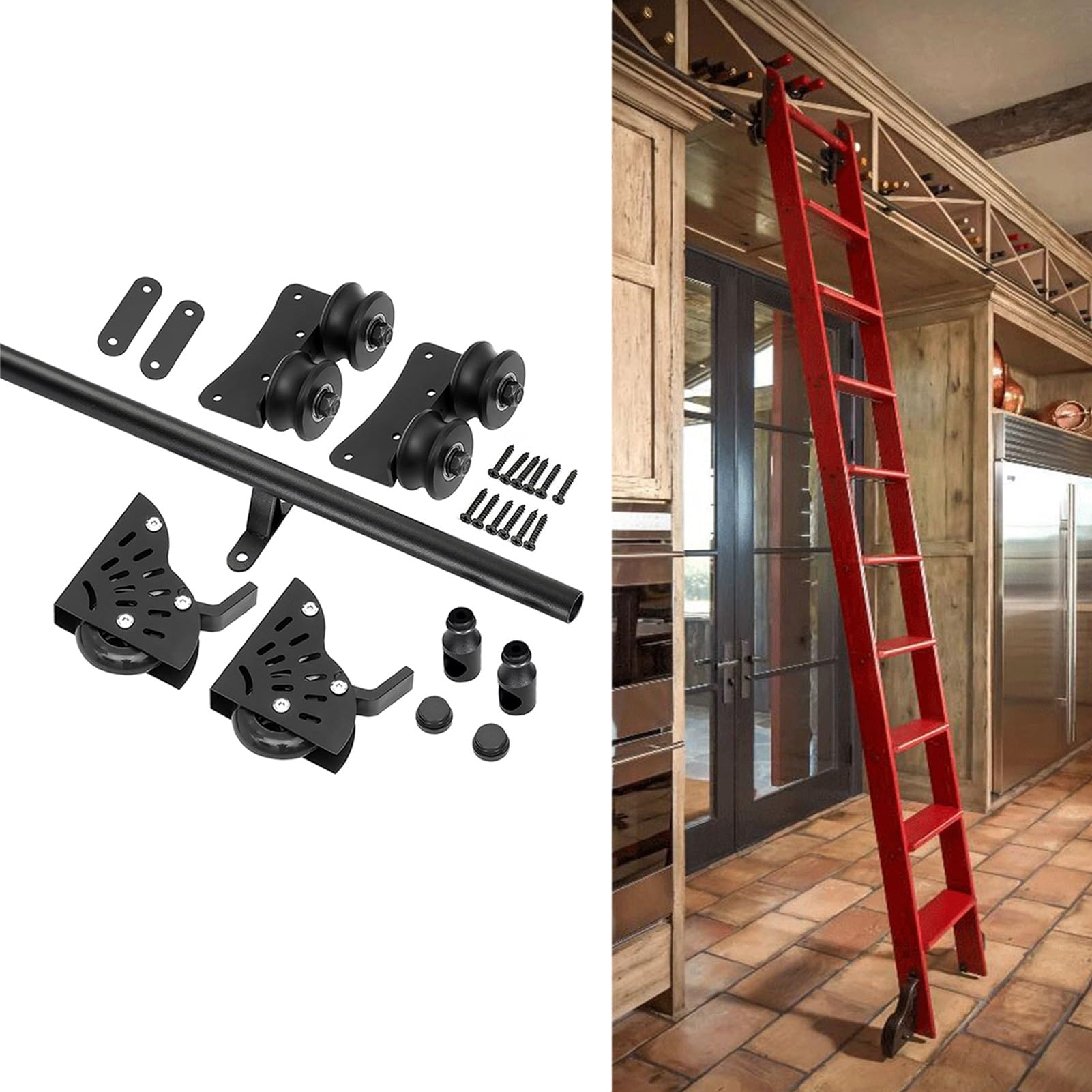 DONGGANSHI Black Rolling/Sliding Ladder Hardware with Braking Wheels,Home/Office/Warehouse Mobile Ladder Track Kit Roller System 100-732cm Slide Rails(4ft/122cm Track Kit)