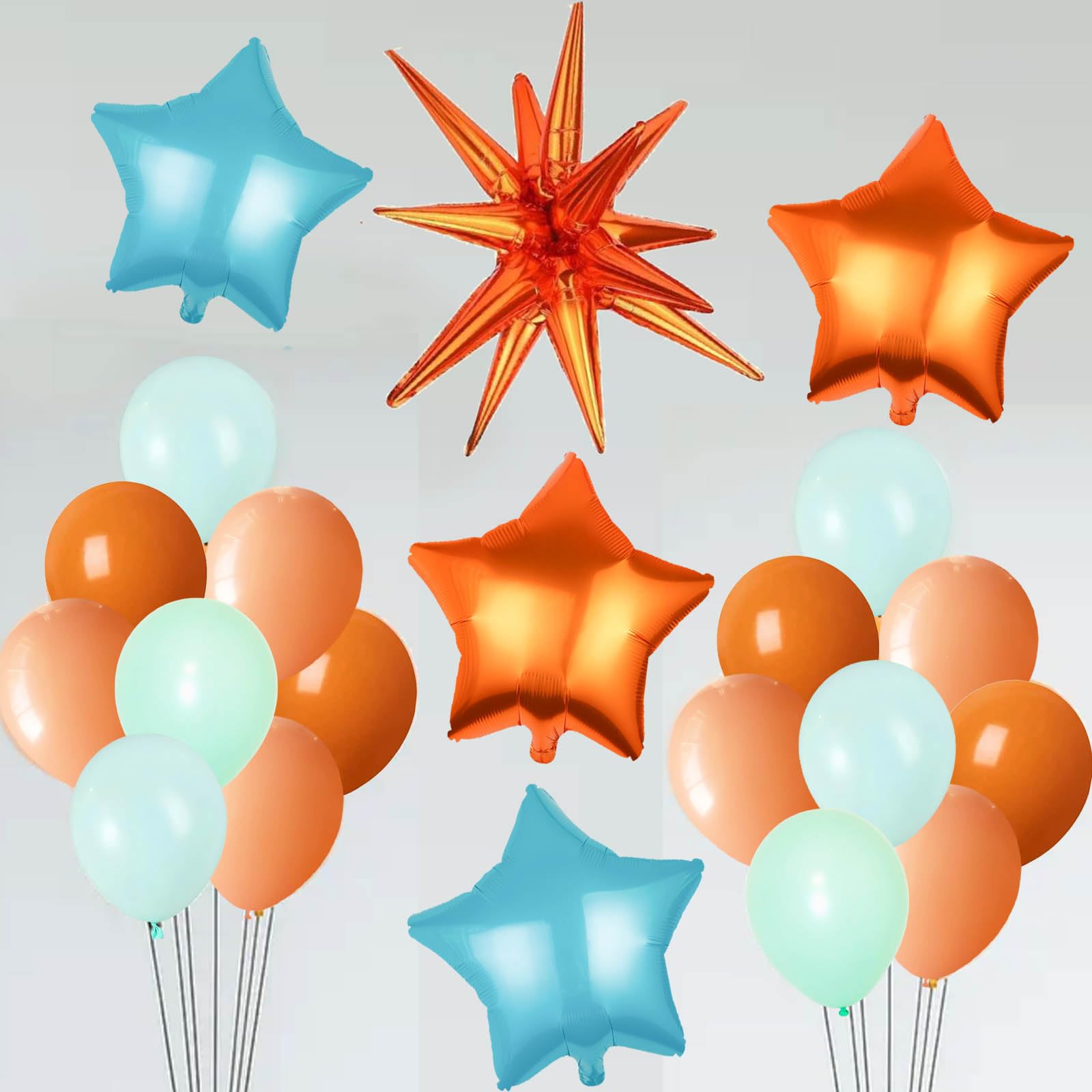 Zestaw 21 balonów Showgirl – pomarańczowy balon foliowy z motywem eksplozji, balony z gwiazdami, pomarańczowe, miętowe i turkusowe, balony lateksowe, dekoracje na urodziny z motywem tancerki, 21 szt