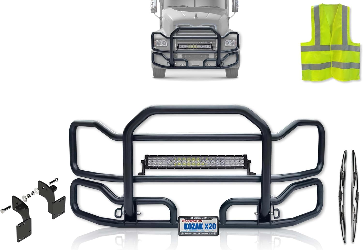 Black Front Grille Deer Moose Brush Bumper Guard Large Compatible with Mack CX 1999-2003 PLUS Bracket, 22” LED Bar, Wipers, License Plate Holder and Frame, Vest