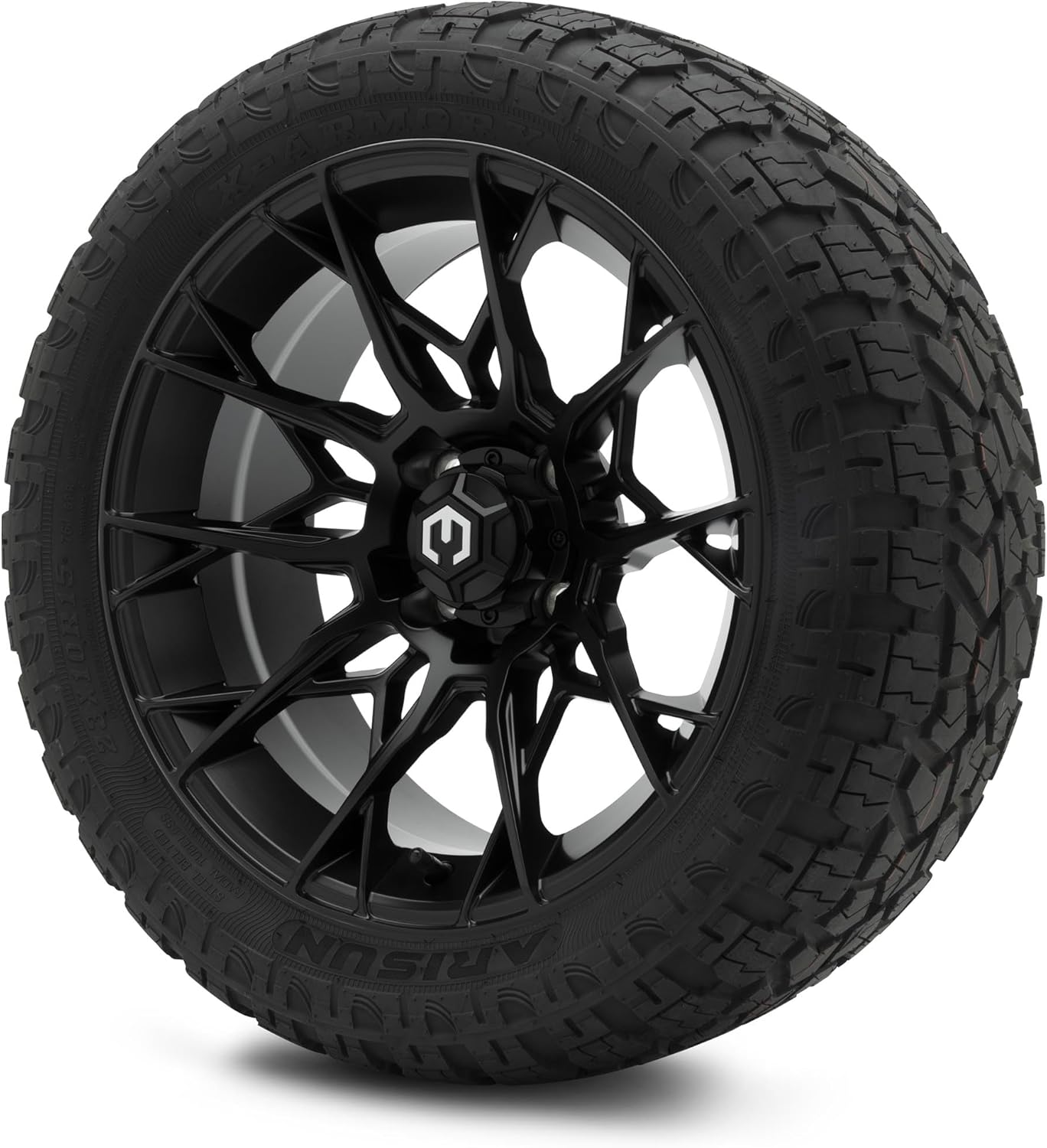 MODZ® Chaos Matte Black 15" Golf Cart Wheels and Arisun X-Armory (23x10-R15) DOT Steel-Belted Radial Golf Cart Tires Combo - Set of 4