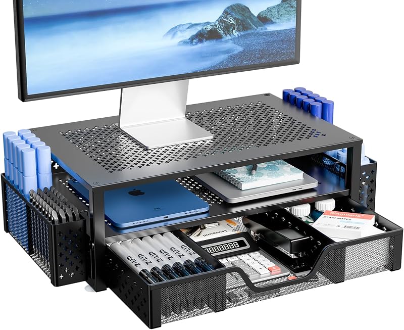 Soporte para monitor con cajón, soporte para computadora portátil de 2 niveles, negro | Organizadores y accesorios de escritorio con cajón y 2 portalápices, soporte elevador de metal resistente para oficina en casa, 20 pulgadas de ancho x 10 pulgadas de profundidad x 5,8 pulgadas de alto